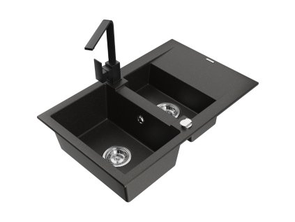 Granitový drez Mexen Gaspar s 1,5 miskou, odkapávačom a kuchynskou batériou Rita, čierna/zlatá - 6507-75-670300-70