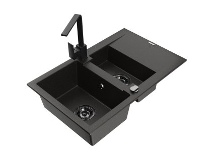 Granitový drez Mexen Gaspar s 1,5 miskou, odkapávačom a kuchynskou batériou Rita, čierna/zlatá - 6507-75-670300-70-B