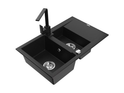 Granitový drez Mexen Gaspar s 1,5 misky, odkapávačom a kuchynskou batériou Rita, čierny - 6507-77-670300-70