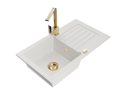 Granitový drez Mexen Pablo s 1 misou, odkapávačom a kuchynskou batériou Rita, biely - 6510-20-670300-50