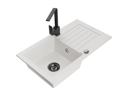 Granitový drez Mexen Pablo s 1 misou, odkapávačom a kuchynskou batériou Rita, biely - 6510-20-670300-70