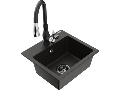 Granitový drez Mexen Milo s 1 misou a batériou Savita, čierna/zlatá metalíza - 6505-75-672601-70-B