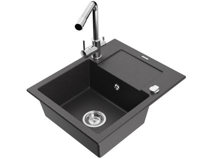 Granitový drez Mexen Enzo s 1 misou, odkapávačom a kuchynskou batériou Duero, čierny bodkovaný - 6506-76-671600-00