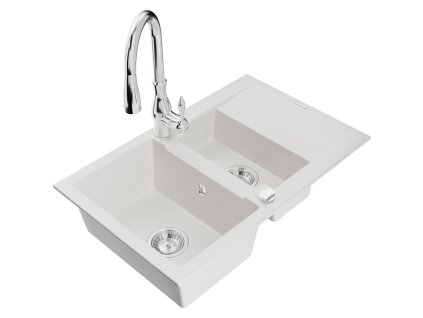 Granitový drez Mexen Gaspar s 1,5 misy, odkapávačom a kuchynskou batériou Savita, biely - 6507-20-672601-00