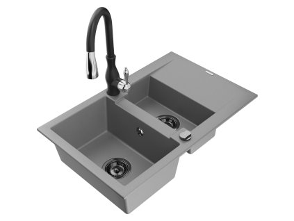 Granitový drez Mexen Gaspar s 1,5 misy, odkapávačom a kuchynskou batériou Savita, sivý - 6507-71-672601-70-B