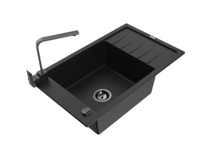 Granitový drez Mexen Elias s 1 misou, odkapávačom a kuchynskou batériou Rita, čierny - 6511-77-670300-70-B