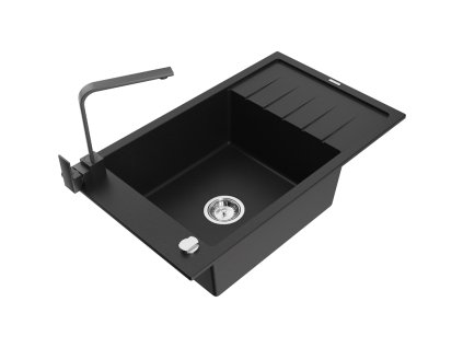 Granitový drez Mexen Elias s 1 misou, odkapávačom a kuchynskou batériou Rita, čierny - 6511-77-670300-70