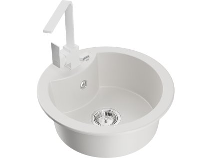 Granitový drez Mexen Diego s 1 misou a kuchynskou batériou Rita, biely - 6512-20-670300-20