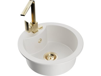 Granitový drez Mexen Diego s 1 misou a kuchynskou batériou Rita, biely - 6512-20-670300-50