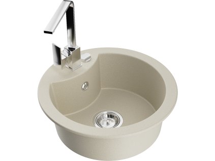 Granitový drez Mexen Diego s 1 misou a kuchynskou batériou Rita, béžový - 6512-69-670300-00