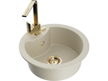 Granitový drez Mexen Diego s 1 misou a kuchynskou batériou Rita, béžový - 6512-69-670300-50