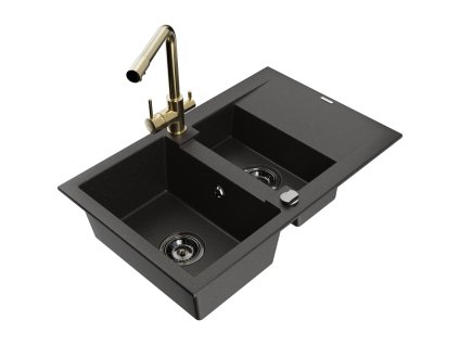 Granitový drez Mexen Gaspar s 1,5 misy, odkapávačom a kuchynskou batériou Duero, čierna/zlatá - 6507-75-671600-50-B