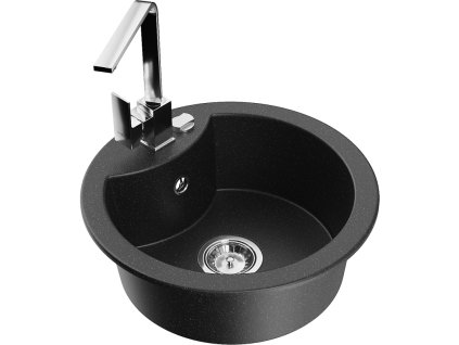 Granitový drez Mexen Diego s 1 misou a kuchynskou batériou Rita, čierna/strieborná metalíza - 6512-73-670300-00