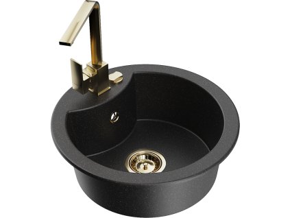 Granitový drez Mexen Diego s 1 misou a kuchynskou batériou Rita, čierna/strieborná metalíza - 6512-73-670300-50