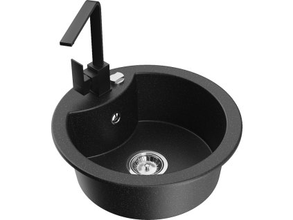 Granitový drez Mexen Diego s 1 misou a kuchynskou batériou Rita, čierna/strieborná metalíza - 6512-73-670300-70