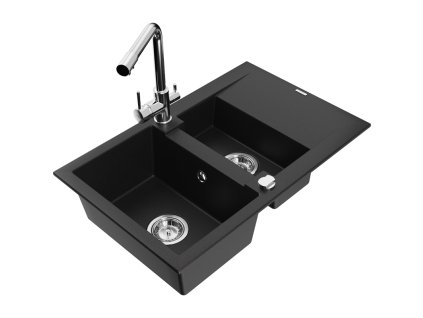 Granitový drez Mexen Gaspar s 1,5 misky, odkapávačom a kuchynskou batériou Duero, čierny - 6507-77-671600-00