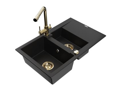 Granitový drez Mexen Gaspar s 1,5 misky, odkapávačom a kuchynskou batériou Duero, čierny - 6507-77-671600-50