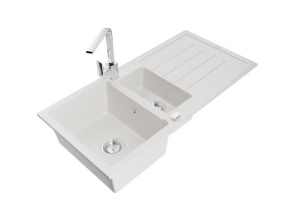 Granitový drez Mexen Andres s 1,5 misky, odkapávačom a kuchynskou batériou Rita, biely - 6515-20-670300-00