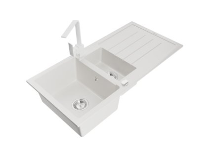 Granitový drez Mexen Andres s 1,5 misky, odkapávačom a kuchynskou batériou Rita, biely - 6515-20-670300-20