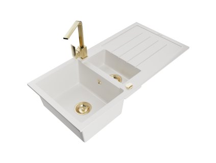 Granitový drez Mexen Andres s 1,5 misky, odkapávačom a kuchynskou batériou Rita, biely - 6515-20-670300-50