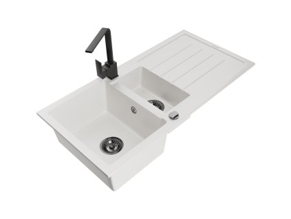 Granitový drez Mexen Andres s 1,5 misky, odkapávačom a kuchynskou batériou Rita, biely - 6515-20-670300-70