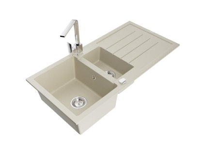 Granitový drez Mexen Andres s 1,5 miskou, odkapávačom a kuchynskou batériou Rita, béžový - 6515-69-670300-00