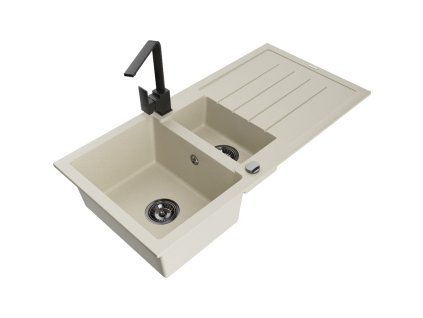 Granitový drez Mexen Andres s 1,5 miskou, odkapávačom a kuchynskou batériou Rita, béžový - 6515-69-670300-70