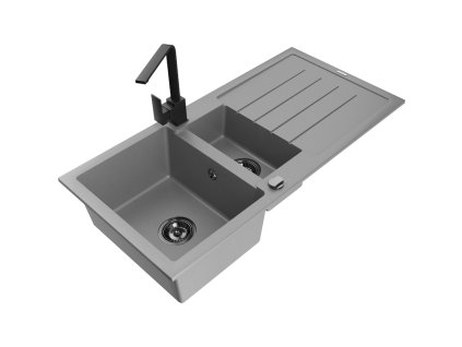 Granitový drez Mexen Andres s 1,5 misky, odkapávačom a kuchynskou batériou Rita, sivý - 6515-71-670300-70-B
