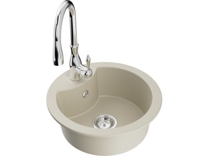 Granitový drez Mexen Diego s 1 misou a kuchynskou batériou Savita, béžový - 6512-69-672601-00