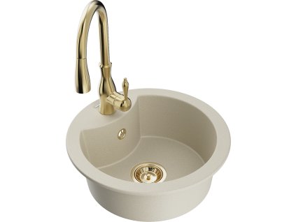 Granitový drez Mexen Diego s 1 misou a kuchynskou batériou Savita, béžový - 6512-69-672601-50