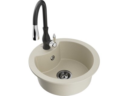 Granitový drez Mexen Diego s 1 misou a kuchynskou batériou Savita, béžový - 6512-69-672601-70