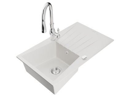 Granitový drez Mexen Cesar s 1 misou, odkapávačom a kuchynskou batériou Savita, biely - 6513-77-672601-70