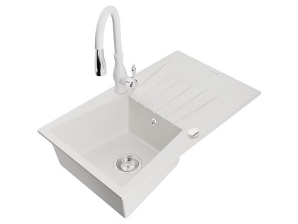 Granitový drez Mexen Cesar s 1 misou, odkapávačom a kuchynskou batériou Savita, biely - 6514-20-672601-20