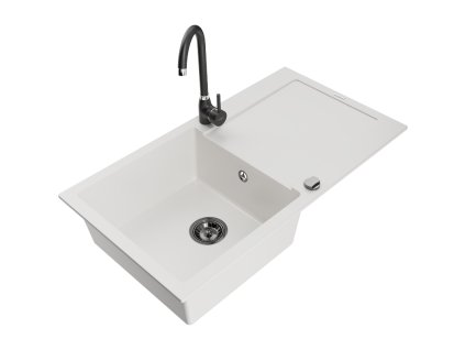 Granitový drez Mexen Leo s 1 misou, odkapávačom a kuchynskou batériou Telma, biely - 6501-20-670200-70