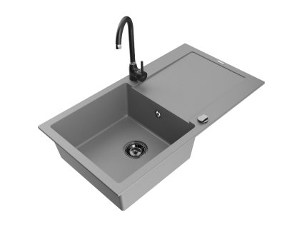 Granitový drez Mexen Leo s 1 misou, odkapávačom a kuchynskou batériou Telma, sivý - 6501-71-670200-70-B