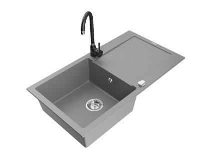 Granitový drez Mexen Leo s 1 misou, odkapávačom a kuchynskou batériou Telma, sivý - 6501-71-670200-70