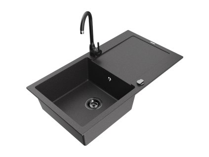 Granitový drez Mexen Leo s 1 misou, odkapávačom a kuchynskou batériou Telma, čierna škvrnitá - 6501-76-670200-70-B