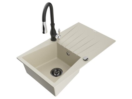 Granitový drez Mexen Cesar s 1 misou, odkapávačom a kuchynskou batériou Savita, béžový - 6514-69-672601-70