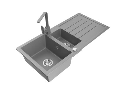 Granitový drez Mexen Andres s 1,5 misky, odkapávačom a kuchynskou batériou Rita, sivý - 6515-71-670300-71