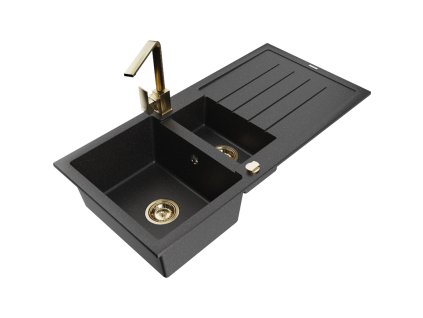 Granitový drez Mexen Andres s 1,5 misky, odkapávačom a kuchynskou batériou Rita, čierna/strieborná metalíza - 6515-73-670300-50