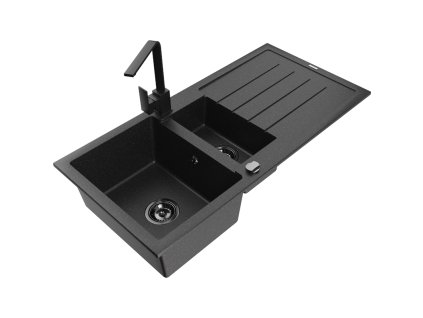 Granitový drez Mexen Andres s 1,5 miskou, odkapávačom a kuchynskou batériou Rita, čierny/strieborný - 6515-73-670300-70-B