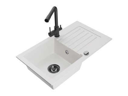 Granitový drez Mexen Pablo s 1 misou, odkapávačom a kuchynskou batériou Duero, biely - 6510-20-671600-70