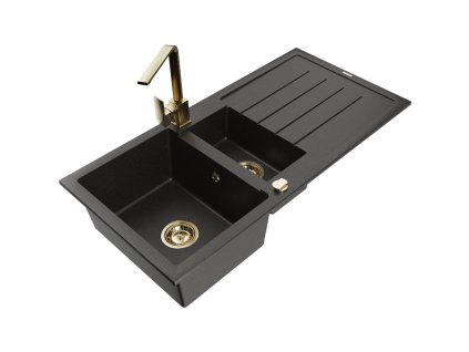 Granitový drez Mexen Andres s 1,5 misky, odkapávačom a batériou Rita, čierna/zlatá metalíza - 6515-75-670300-50