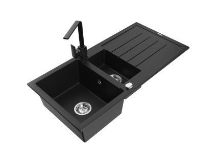 Granitový drez Mexen Andres s 1,5 misky, odkapávačom a batériou Rita, čierna/zlatá metalíza - 6515-75-670300-70