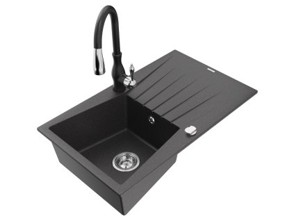 Granitový drez Mexen Cesar s 1 misou, odkvapkávačom a batériou Savita, čierna škvrnitá - 6514-76-672601-70