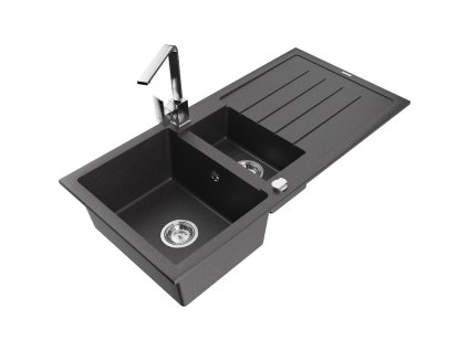Granitový drez Mexen Andres s 1,5 misky, odkapávačom a kuchynskou batériou Rita, čierny bodkovaný - 6515-76-670300-00