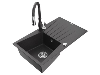 Granitový drez Mexen Cesar s 1 misou, odkvapkávačom a batériou Savita, čierna škvrnitá - 6514-76-672601-76