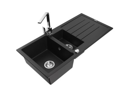 Granitový drez Mexen Andres s 1,5 misky, odkapávačom a kuchynskou batériou Rita, čierny - 6515-77-670300-00
