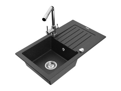 Granitový drez Mexen Pablo s 1 misou, odkapávačom a kuchynskou batériou Duero, čierna/strieborná metalíza - 6510-73-671600-00