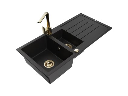Granitový drez Mexen Andres s 1,5 misky, odkapávačom a kuchynskou batériou Rita, čierny - 6515-77-670300-50